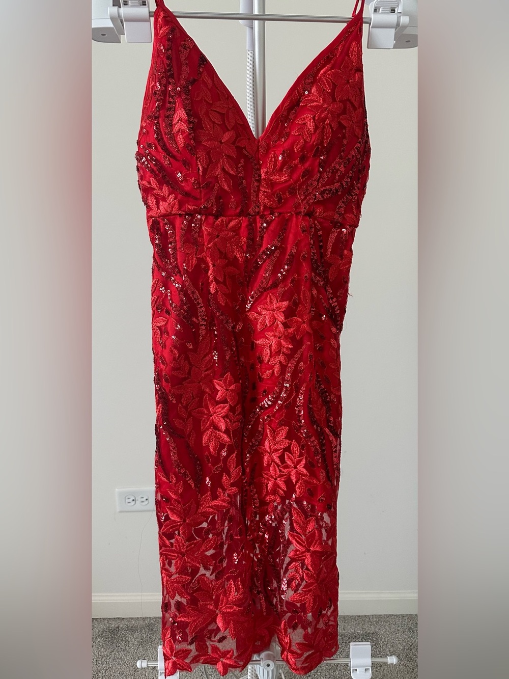Fashion Nova Red Floral Lace Sequin Midi Dress